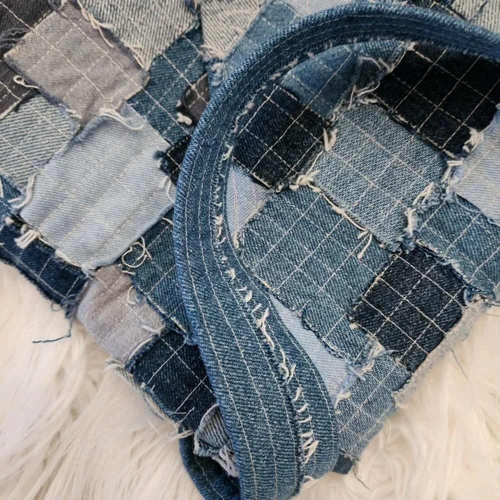 Denim Canvas Patchwork Crossbody Shoulder Bag Y2K Upcycle Bucket Boho Hippie‎ - Picture 14 of 14